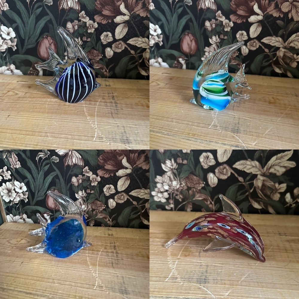 Vintage angelfish, dolphin blown art glass figurine, paper weights